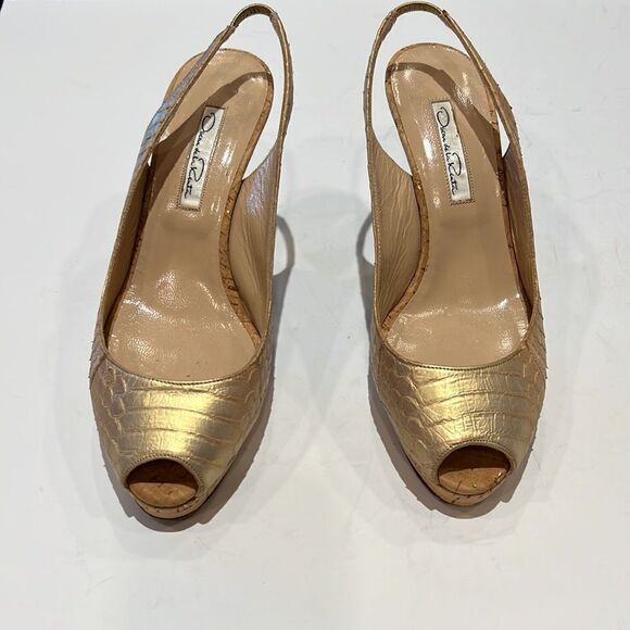 OSCAR DE LA RENTA Women’s Peep Toe Leather Slingback Heels Gold Size 37.5 - Picture 4 of 15